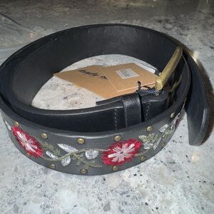 NWT Embroidered Black Leather Belt with Floral Design